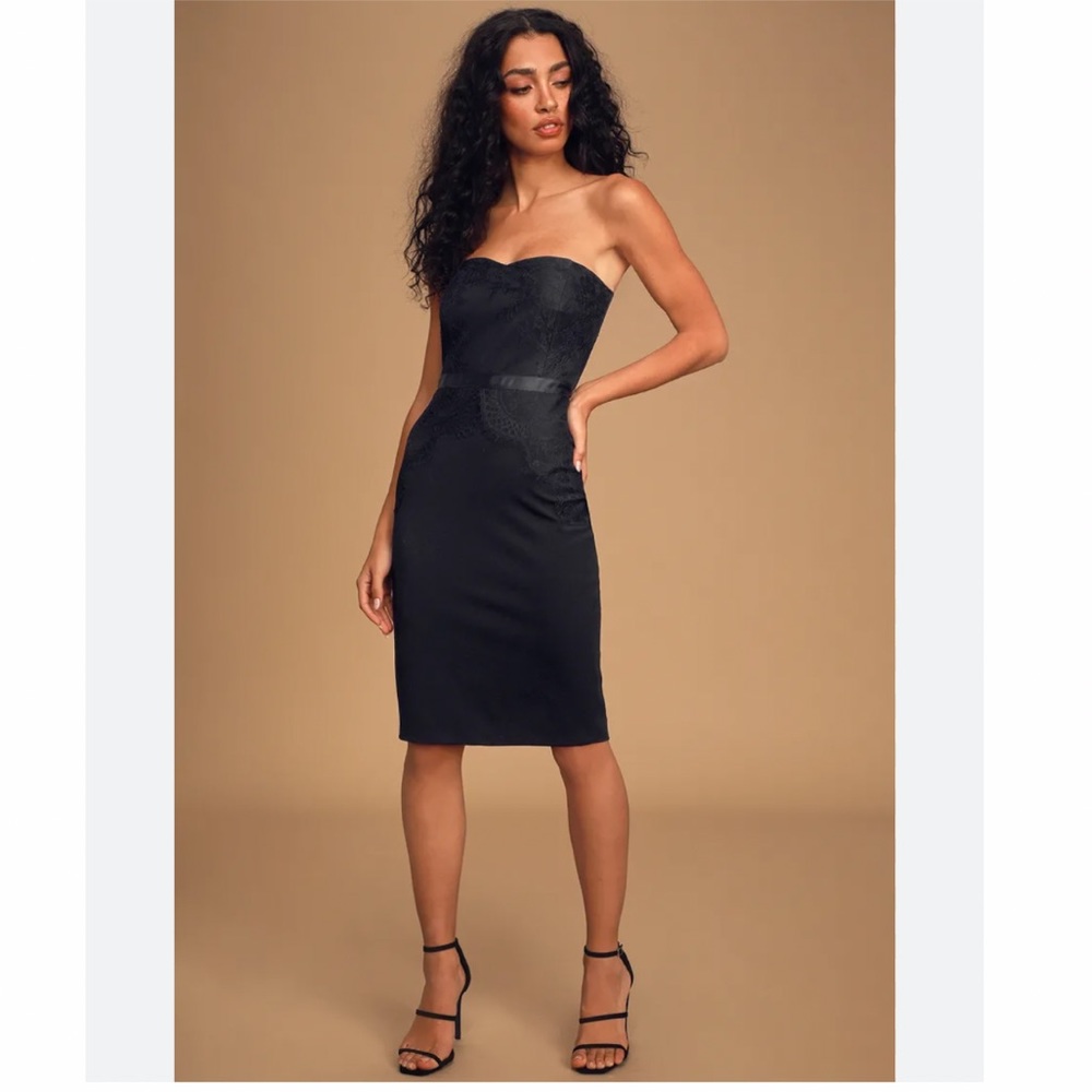 LULUS READY TO WOW BLACK LACE STRAPLESS BODYCON LBD MINI DRESS. SzS